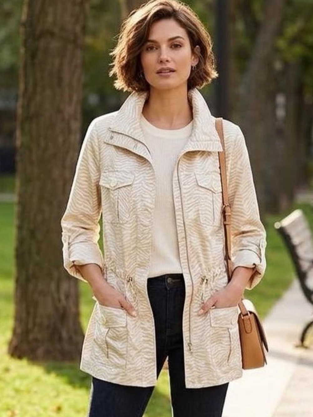 Women’s Cream Utility zebra print Jacket - Lightweight Collar